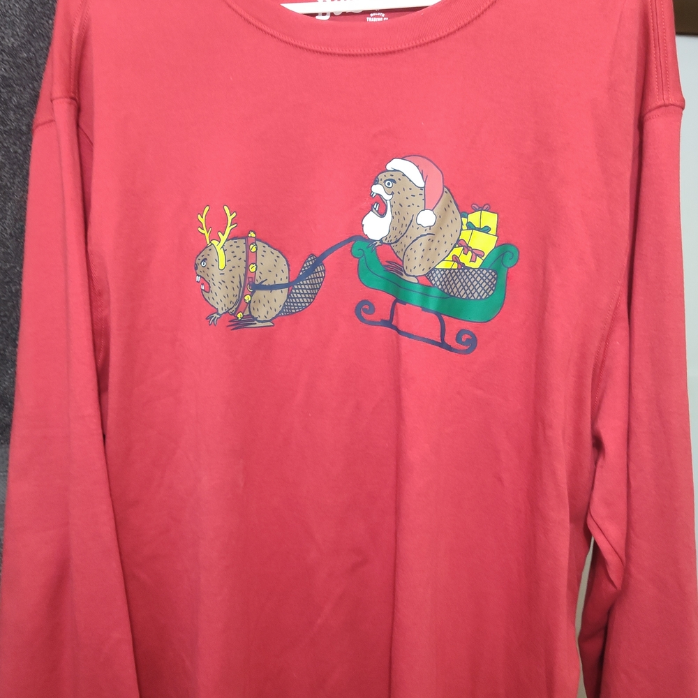 Duluth Trading Co Red Long Sleeve Tee with Santa and Reindeer